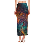 Teal Orange Universe Galaxy Space Print Side Slit Maxi Skirt