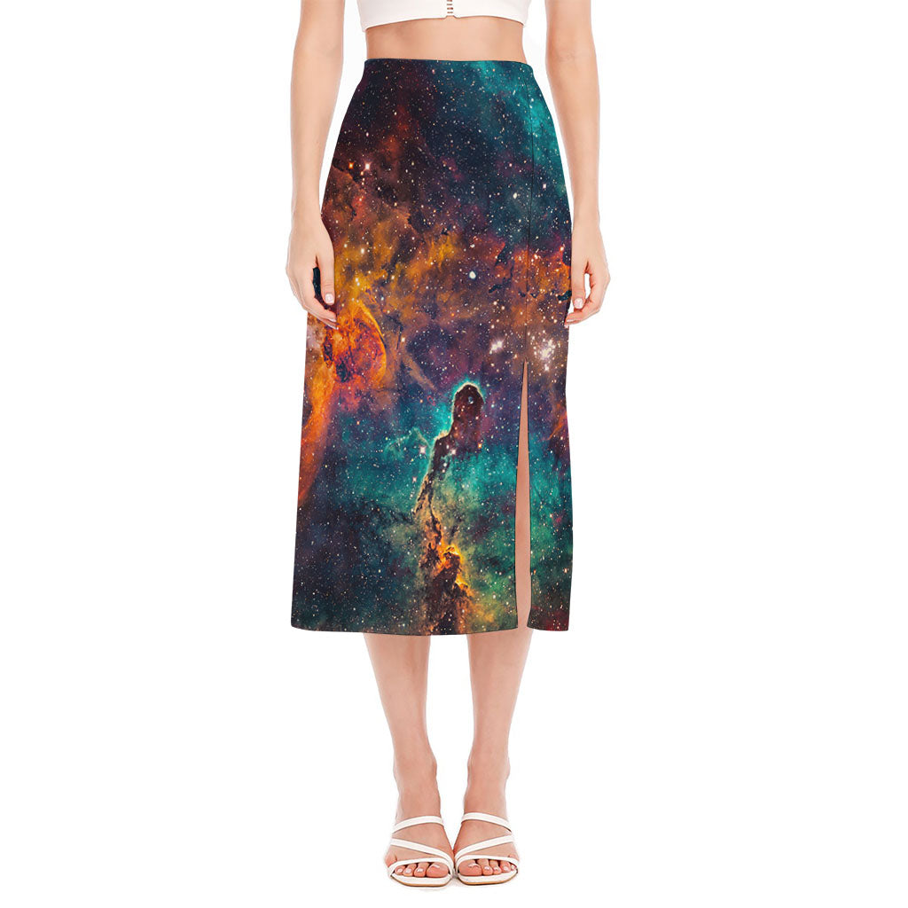 Teal Orange Universe Galaxy Space Print Side Slit Midi Skirt