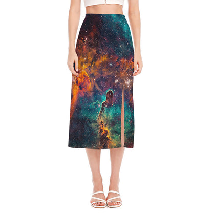 Teal Orange Universe Galaxy Space Print Side Slit Midi Skirt