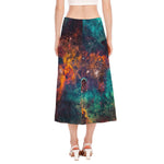 Teal Orange Universe Galaxy Space Print Side Slit Midi Skirt