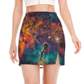 Teal Orange Universe Galaxy Space Print Side Slit Mini Skirt