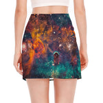 Teal Orange Universe Galaxy Space Print Side Slit Mini Skirt