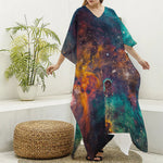 Teal Orange Universe Galaxy Space Print Silk V-Neck Kaftan Dress