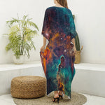 Teal Orange Universe Galaxy Space Print Silk V-Neck Kaftan Dress