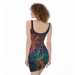 Teal Orange Universe Galaxy Space Print Sleeveless Bodycon Dress