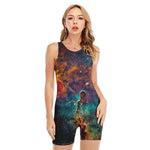 Teal Orange Universe Galaxy Space Print Sleeveless One Piece Swimsuit