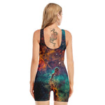 Teal Orange Universe Galaxy Space Print Sleeveless One Piece Swimsuit