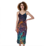 Teal Orange Universe Galaxy Space Print Slim Fit Midi Cami Dress