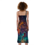 Teal Orange Universe Galaxy Space Print Slim Fit Midi Cami Dress