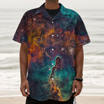 Teal Orange Universe Galaxy Space Print Textured Short Sleeve Shirt