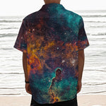 Teal Orange Universe Galaxy Space Print Textured Short Sleeve Shirt