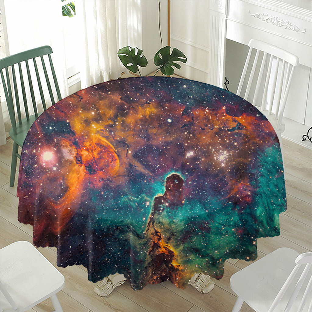 Teal Orange Universe Galaxy Space Print Waterproof Round Tablecloth