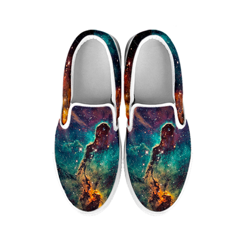 Teal Orange Universe Galaxy Space Print White Slip On Sneakers