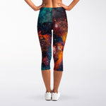 Teal Orange Universe Galaxy Space Print Women's Capri Leggings