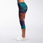 Teal Orange Universe Galaxy Space Print Women's Capri Leggings