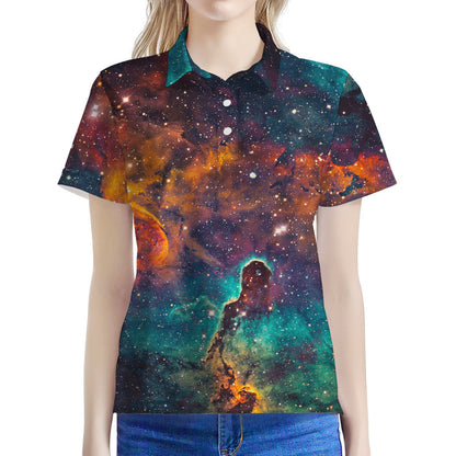 Teal Orange Universe Galaxy Space Print Women's Polo Shirt
