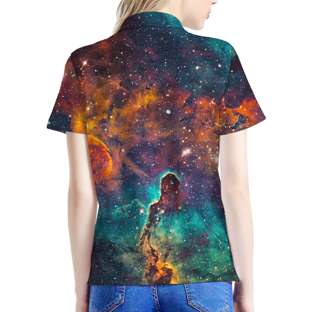 Teal Orange Universe Galaxy Space Print Women's Polo Shirt