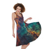 Teal Orange Universe Galaxy Space Print Women's Sleeveless Dress