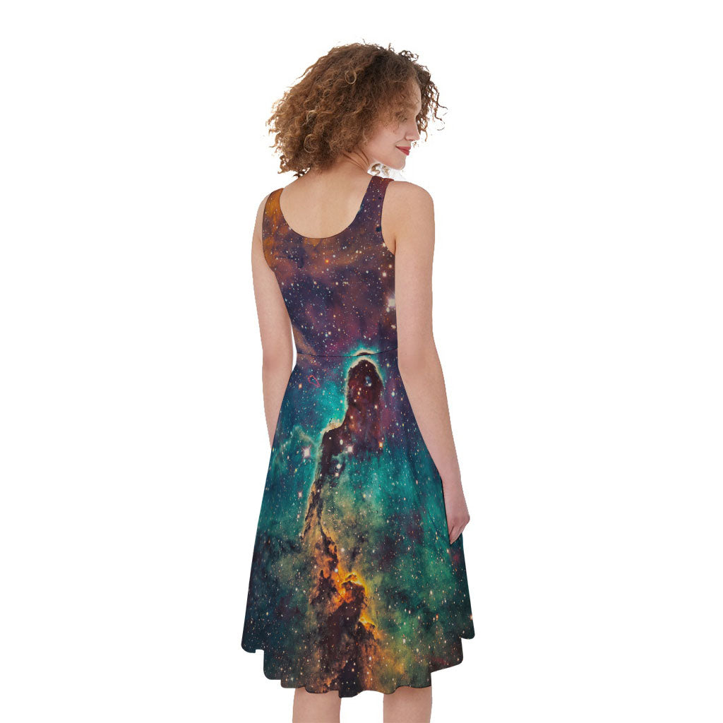 Teal Orange Universe Galaxy Space Print Women's Sleeveless Dress