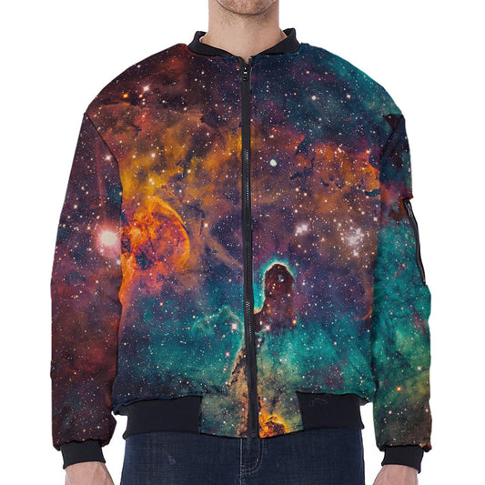 Teal Orange Universe Galaxy Space Print Zip Sleeve Bomber Jacket