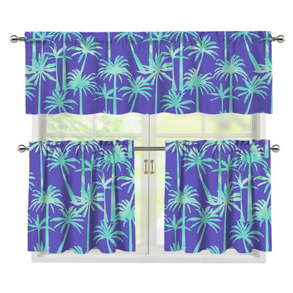 Teal Palm Tree Pattern Print 3 Piece Kitchen Curtains
