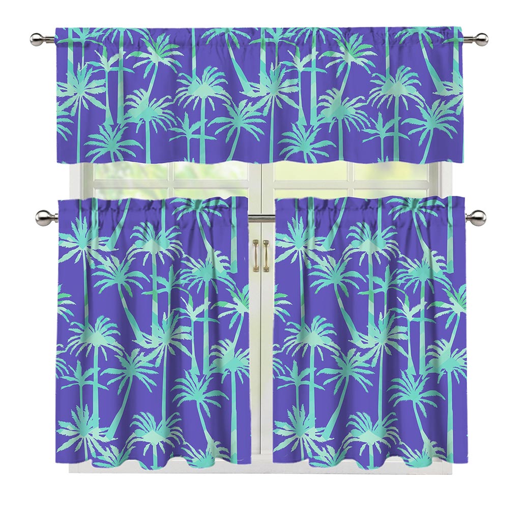 Teal Palm Tree Pattern Print 3 Piece Kitchen Curtains