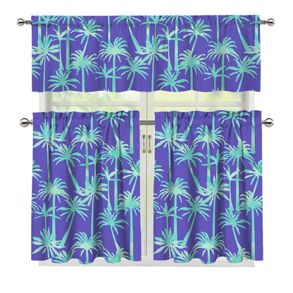 Teal Palm Tree Pattern Print 3 Piece Kitchen Curtains
