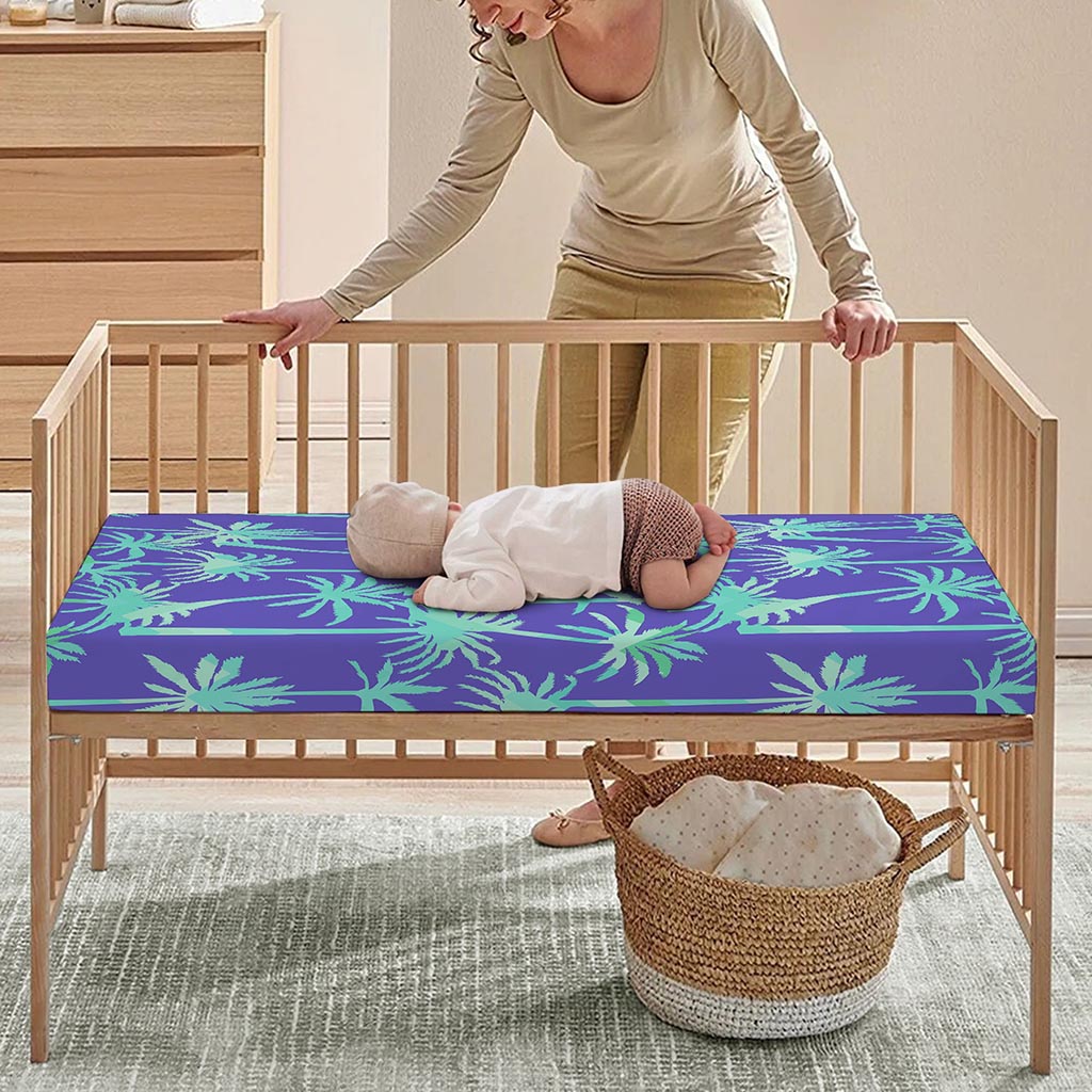 Teal Palm Tree Pattern Print Baby Crib Sheet