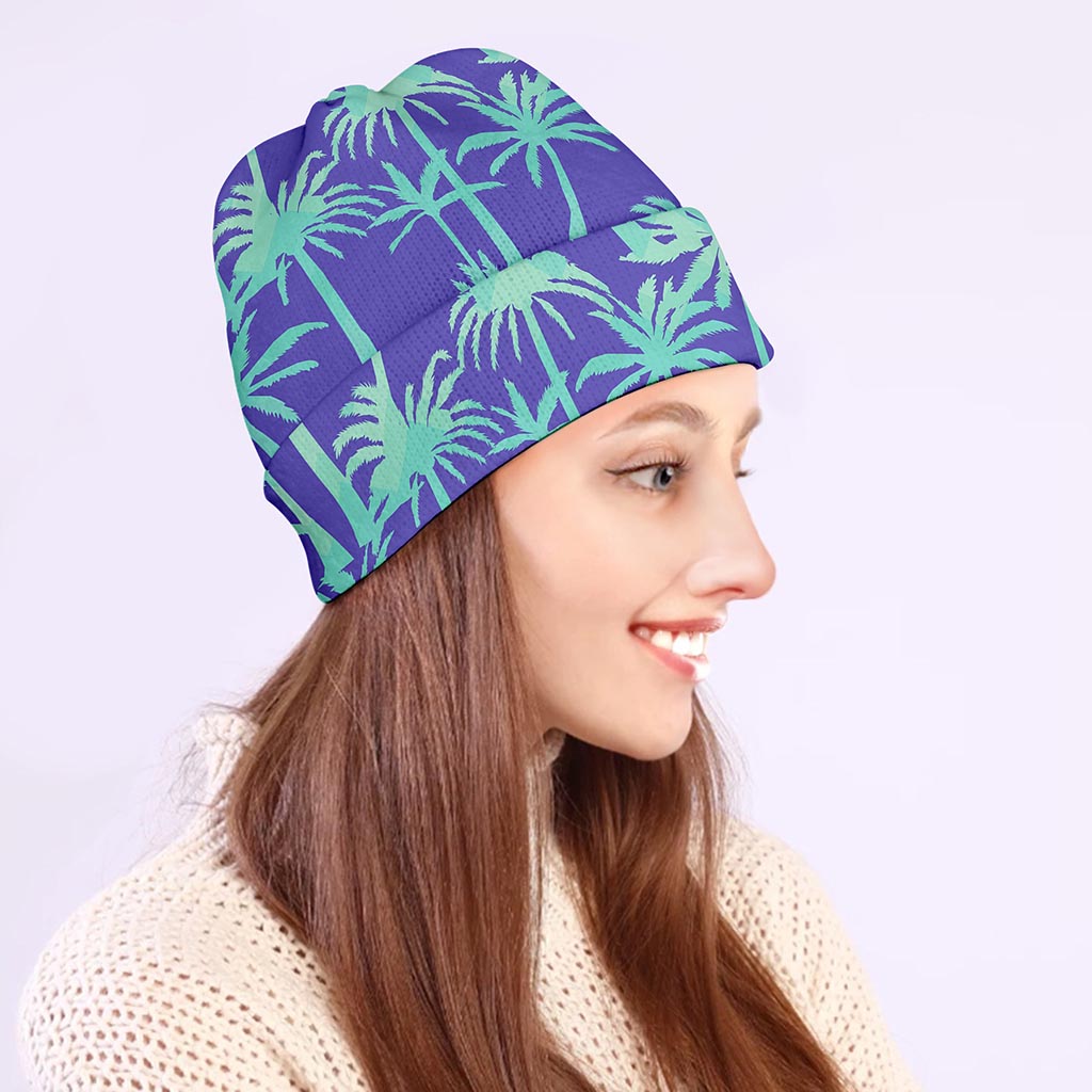 Teal Palm Tree Pattern Print Beanie