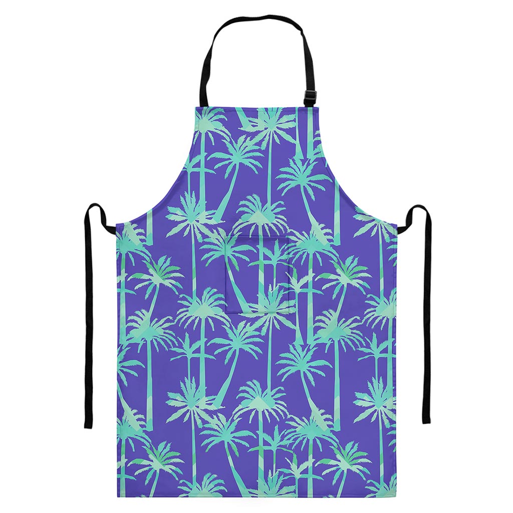 Teal Palm Tree Pattern Print Bib Apron With Pocket