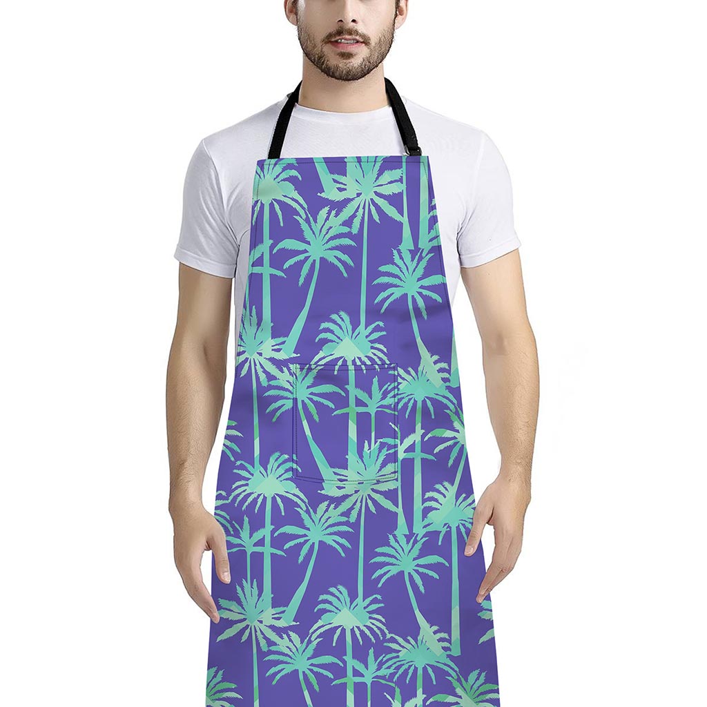Teal Palm Tree Pattern Print Bib Apron With Pocket
