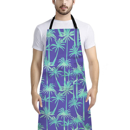Teal Palm Tree Pattern Print Bib Apron With Pocket