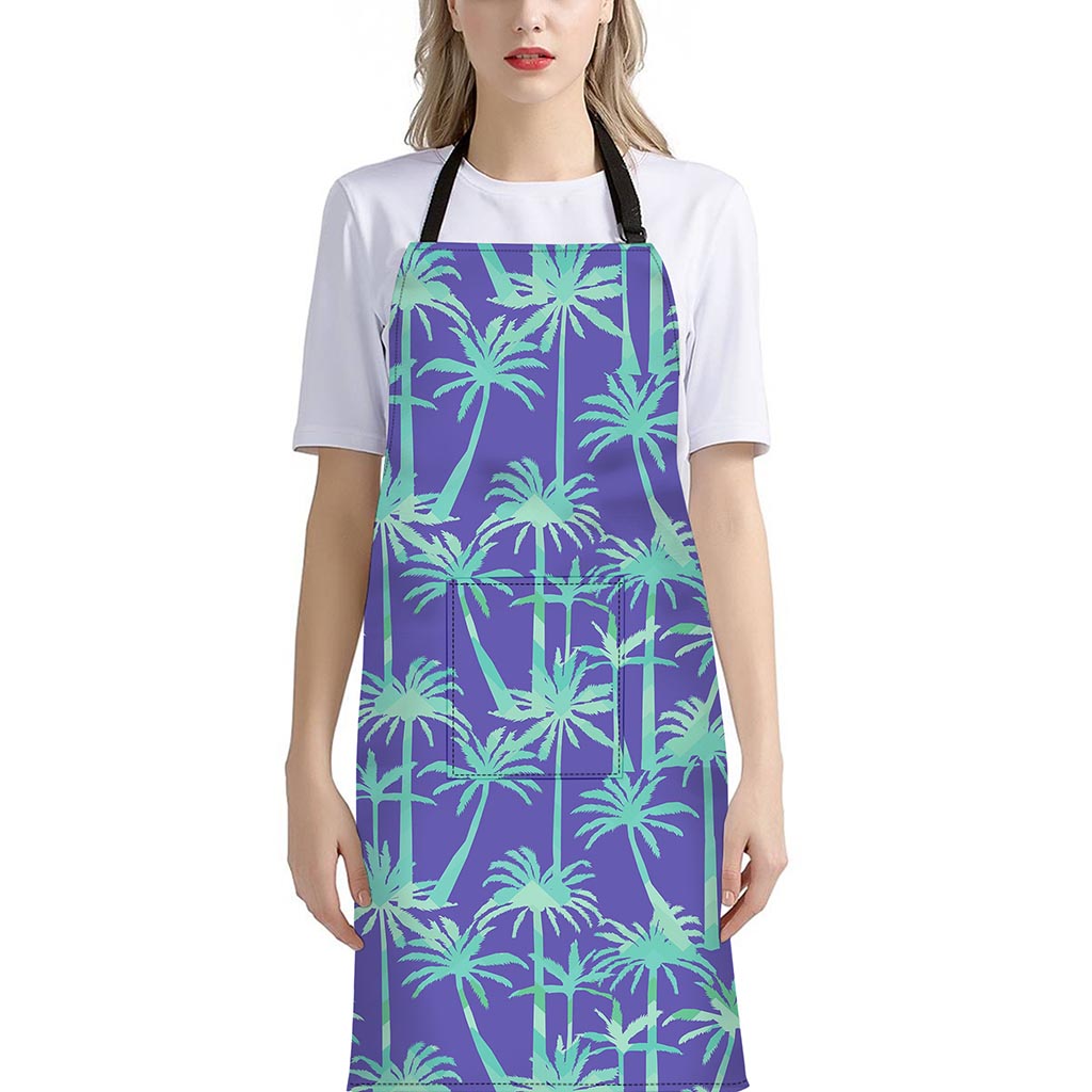 Teal Palm Tree Pattern Print Bib Apron With Pocket