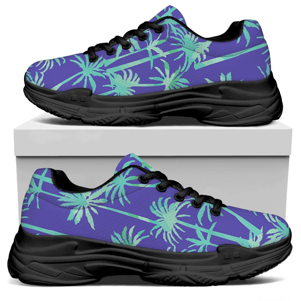 Teal Palm Tree Pattern Print Black Chunky Shoes