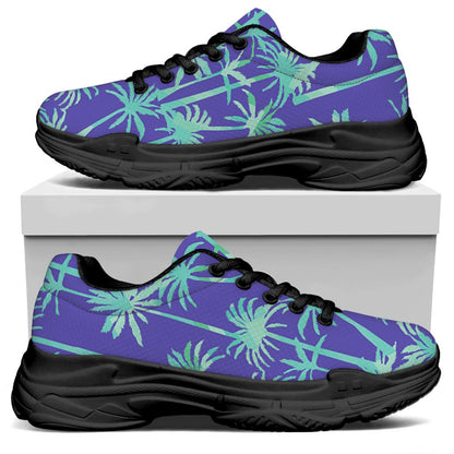 Teal Palm Tree Pattern Print Black Chunky Shoes