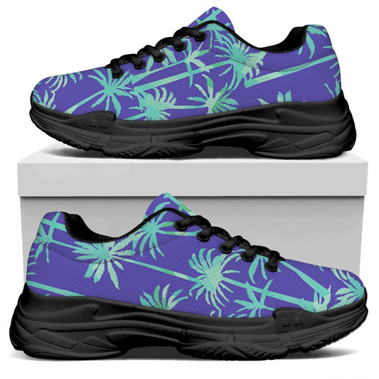 Teal Palm Tree Pattern Print Black Chunky Shoes