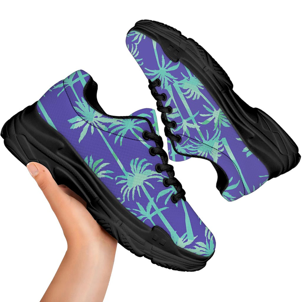 Teal Palm Tree Pattern Print Black Chunky Shoes