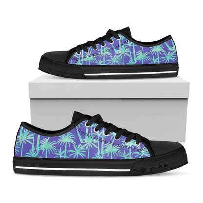 Teal Palm Tree Pattern Print Black Low Top Sneakers