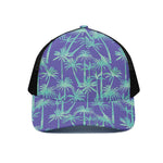 Teal Palm Tree Pattern Print Black Mesh Trucker Cap