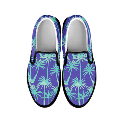 Teal Palm Tree Pattern Print Black Slip On Sneakers