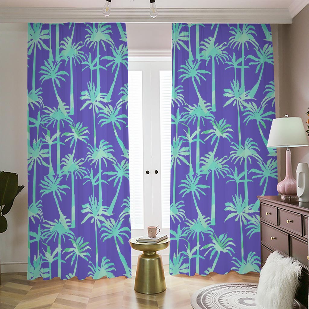 Teal Palm Tree Pattern Print Blackout Pencil Pleat Curtains