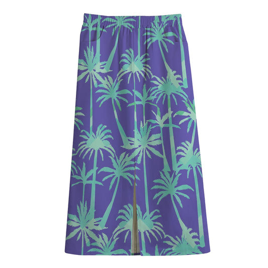 Teal Palm Tree Pattern Print Cotton Front Slit Maxi Skirt