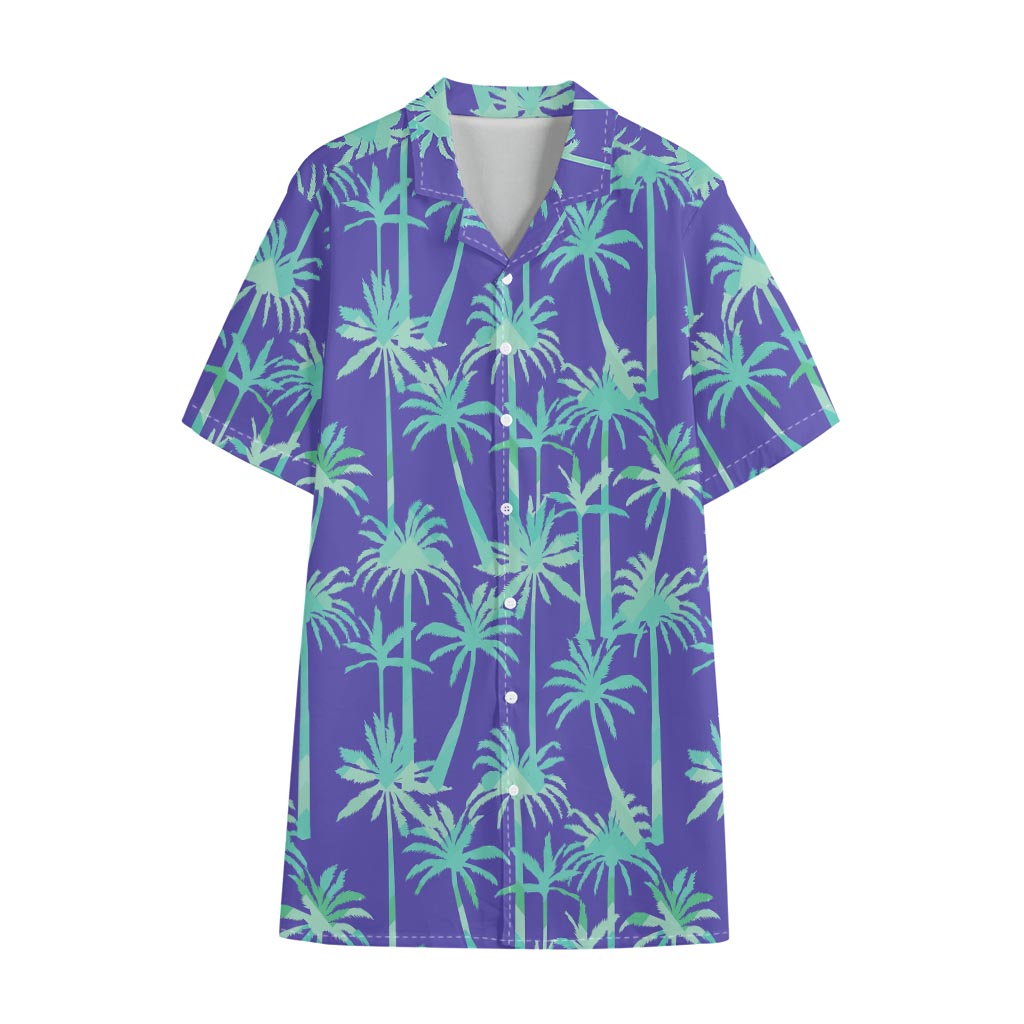 Teal Palm Tree Pattern Print Cotton Hawaiian Shirt