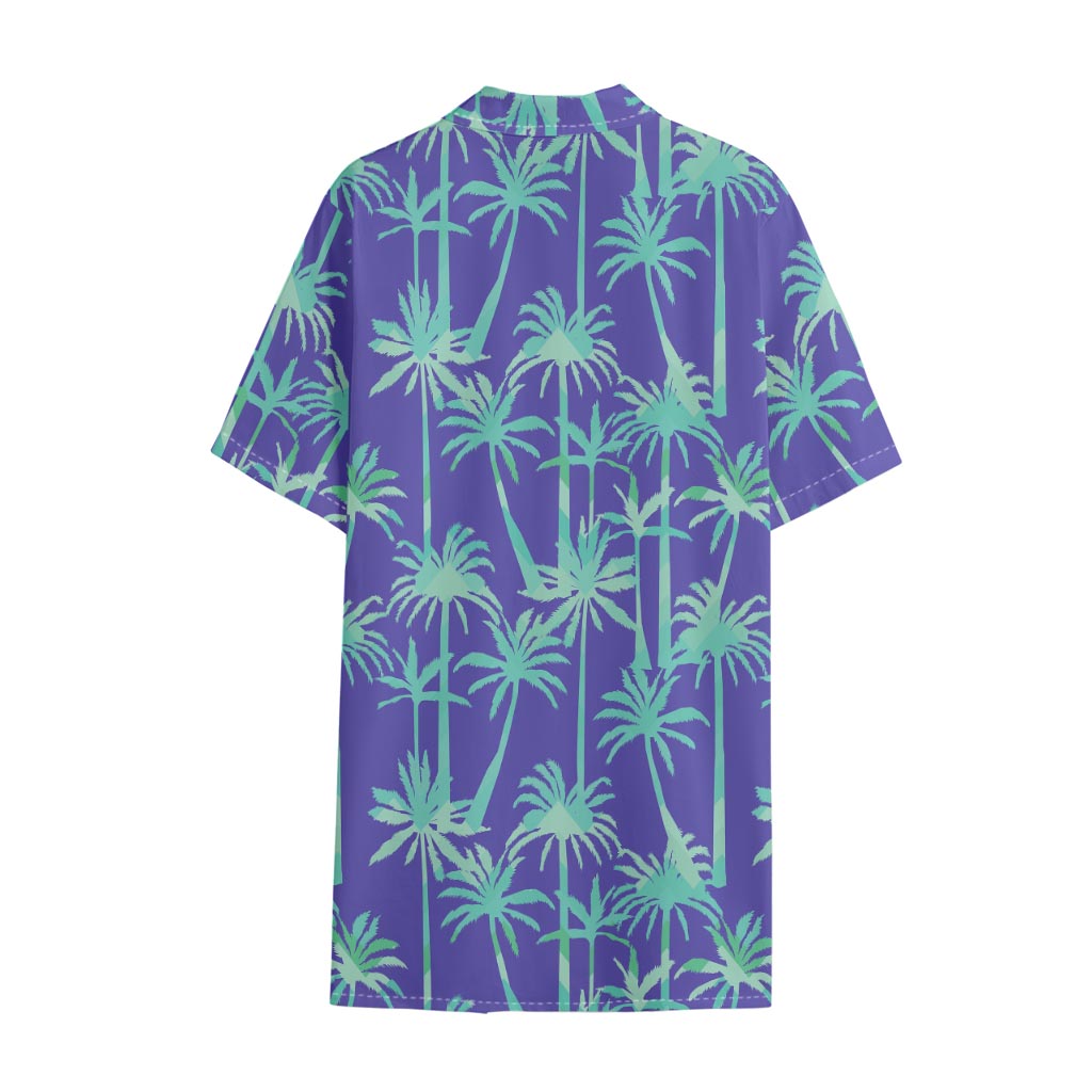 Teal Palm Tree Pattern Print Cotton Hawaiian Shirt