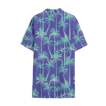 Teal Palm Tree Pattern Print Cotton Hawaiian Shirt