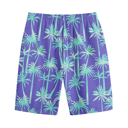 Teal Palm Tree Pattern Print Cotton Shorts