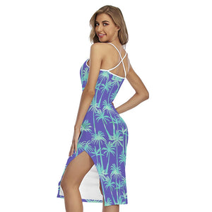 Teal Palm Tree Pattern Print Cross Back Cami Dress