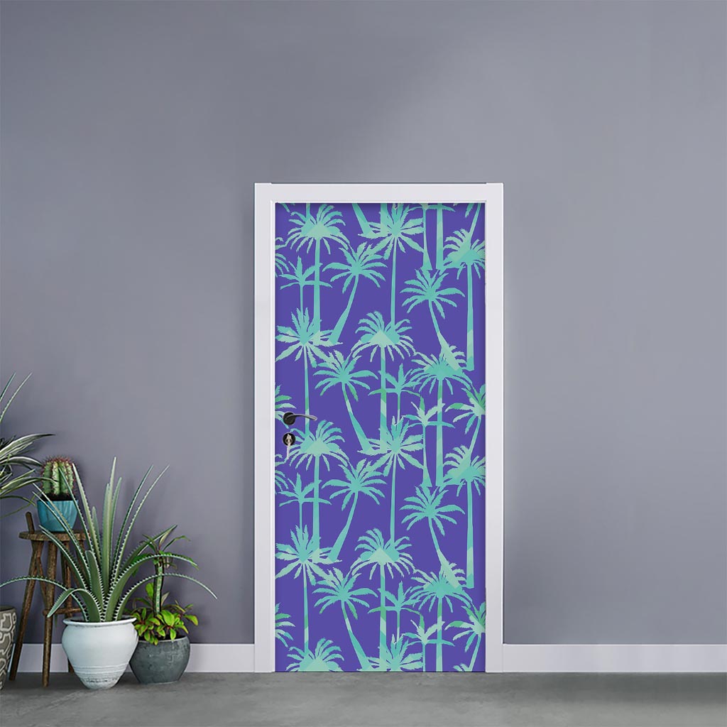Teal Palm Tree Pattern Print Door Sticker