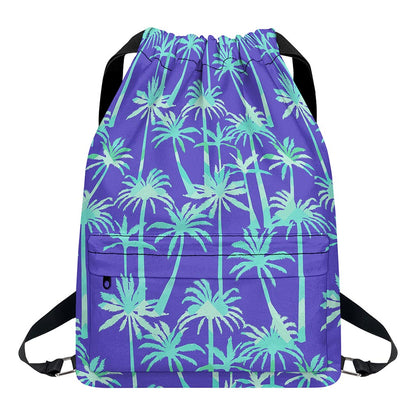 Teal Palm Tree Pattern Print Drawstring Backpack