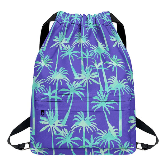 Teal Palm Tree Pattern Print Drawstring Backpack